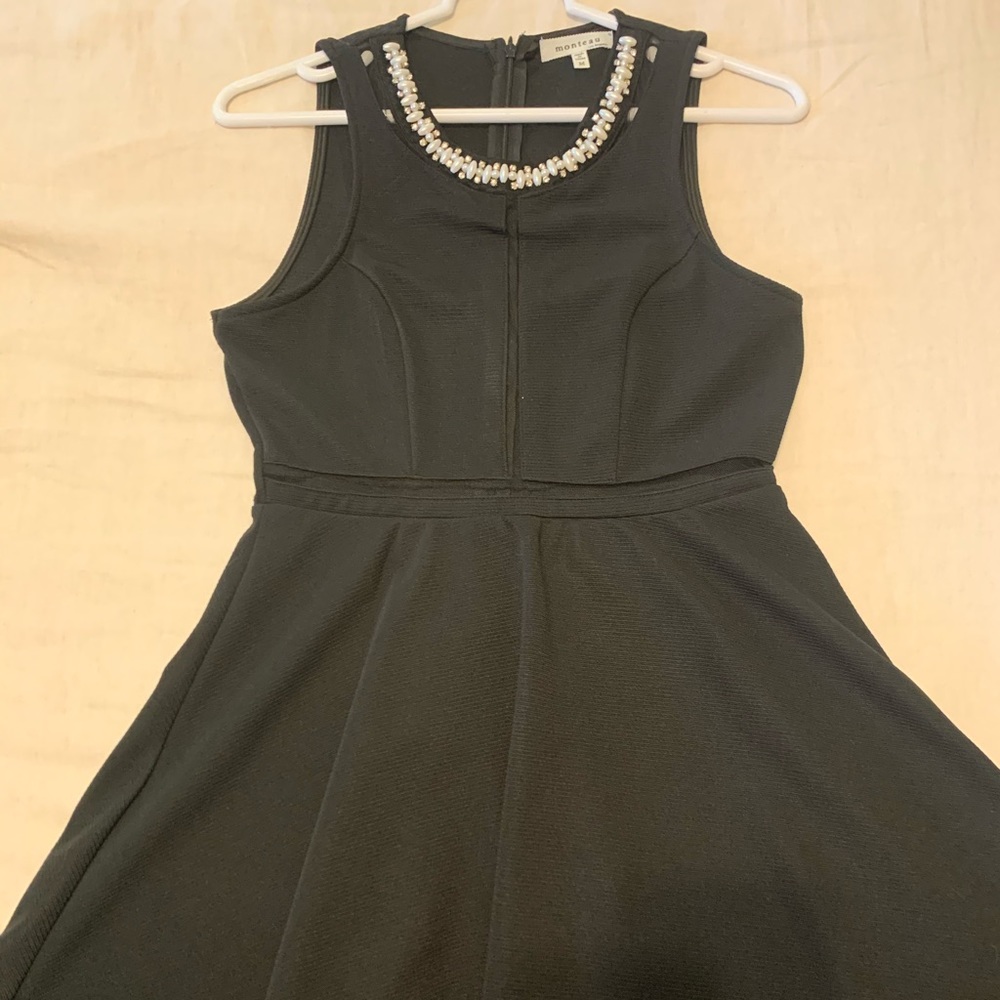 Black a line dress w/ pearl neckline/sheer detail